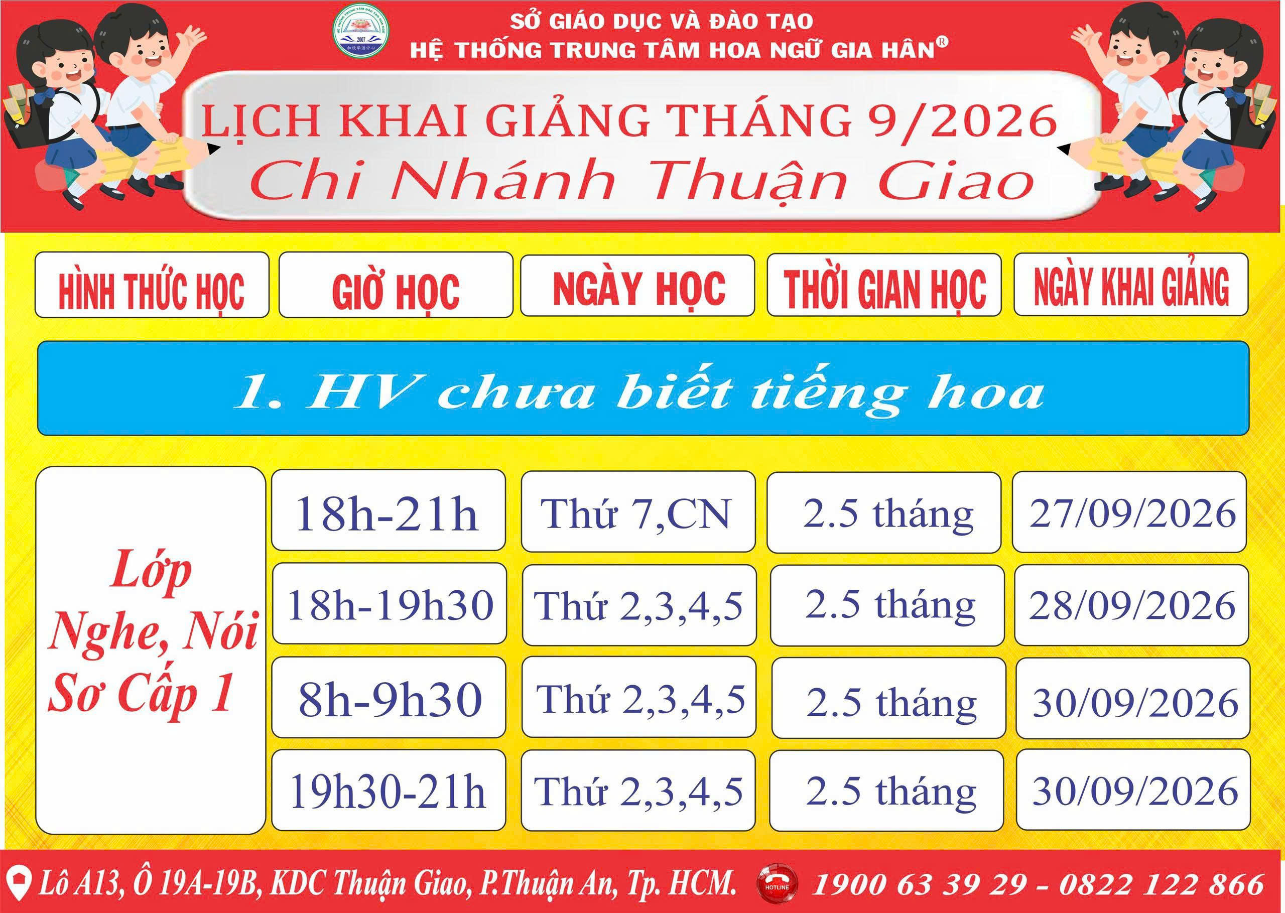 Lịch khai giảng Chi Nhánh Thuận Giao